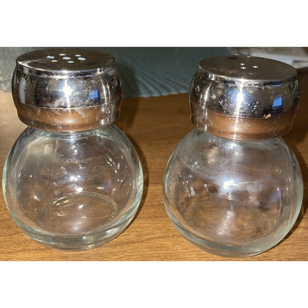 Pair Vintage Salt & Pepper Shakers Plastic Lids Glass Bulbs Unbranded Stained